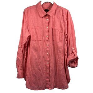 Talbots Women's Blouse Size Large 100% Cotton Coral Roll Tab Long Sleeve Gauzy